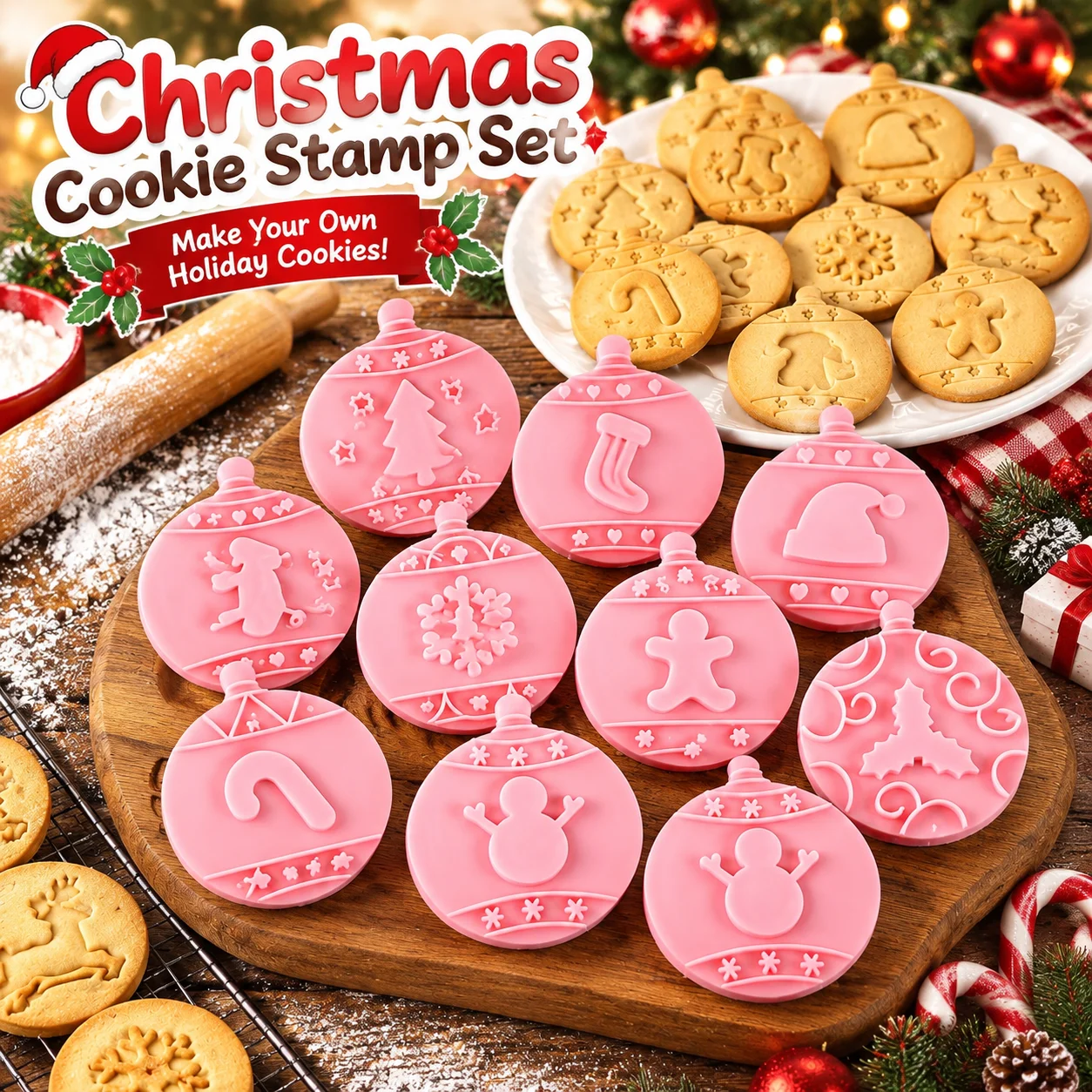 Christmas Cookie Stamp Cutter 10Pcs Set Embossed Biscuit Molds Gingerbread Snowman Tree Shape DIY Baking Fondant Decorating Tool