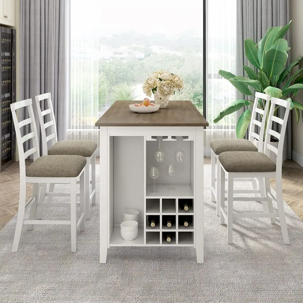 

White 5-Piece Counter Height Dining Set with Storage, Wine Rack, and Glass Holders for Kitchen or Living Room