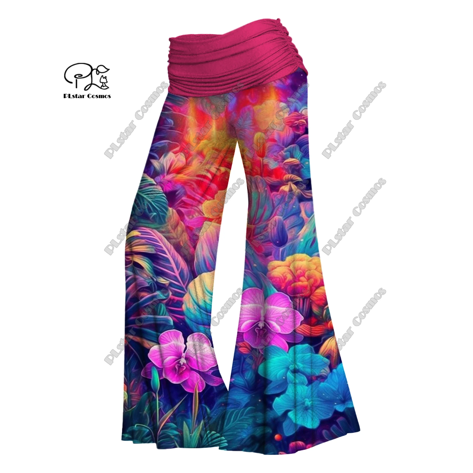 PLstar Cosmos 3D printed women's colorful small floral wide-leg pants waistband folding elastic waist pants casual H-4