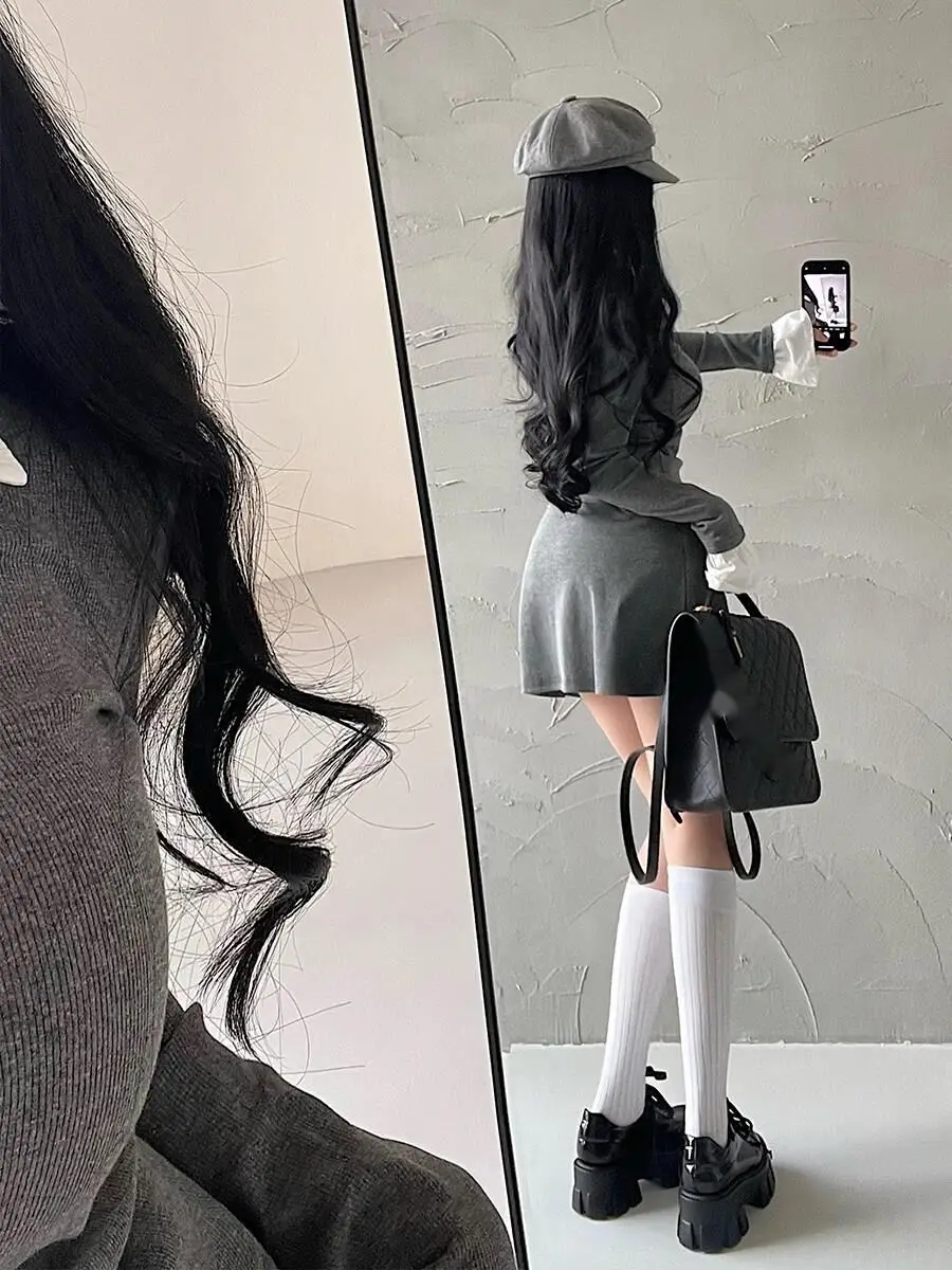 Sexy Slim Flip Collar Contrast Color Fake Two Piece Long Sleeved Dress elegant Sweet Girl Fashion Hip Wrap Short mini dress F7RY