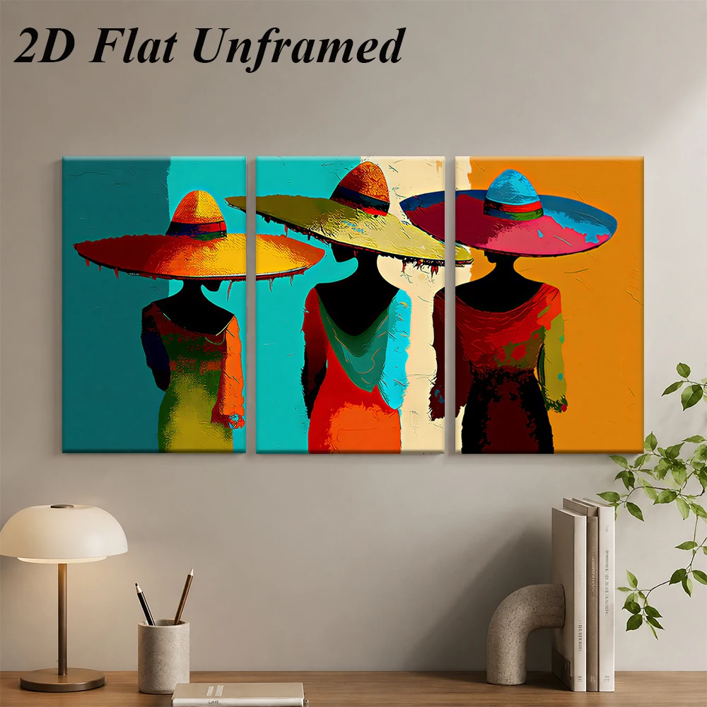 3PCS Large-sized frameless canvas paintings,1 set of modern abstract triptych decorative paintings, Mexican style, character col