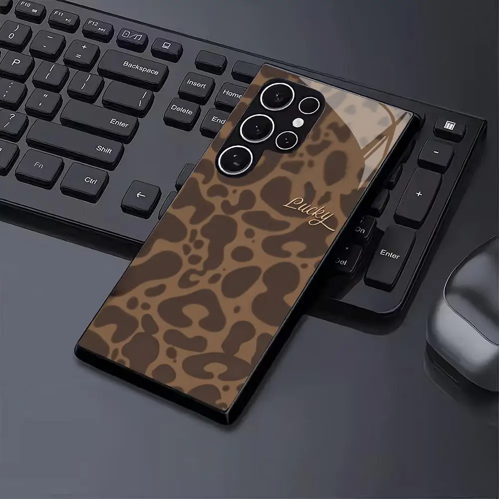 Lucky leopard print black glass phone case suitable for Samsung Galaxy S26 S25 S24 S23 S22 S21 S20 FE/Ultra/Plus anti drop