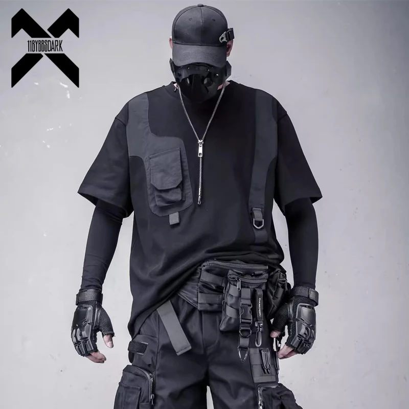

Футболка Techwear с коротким рукавом в стиле пэчворк, с функциональными карманами, тактическая, уличная, повседневная, топ