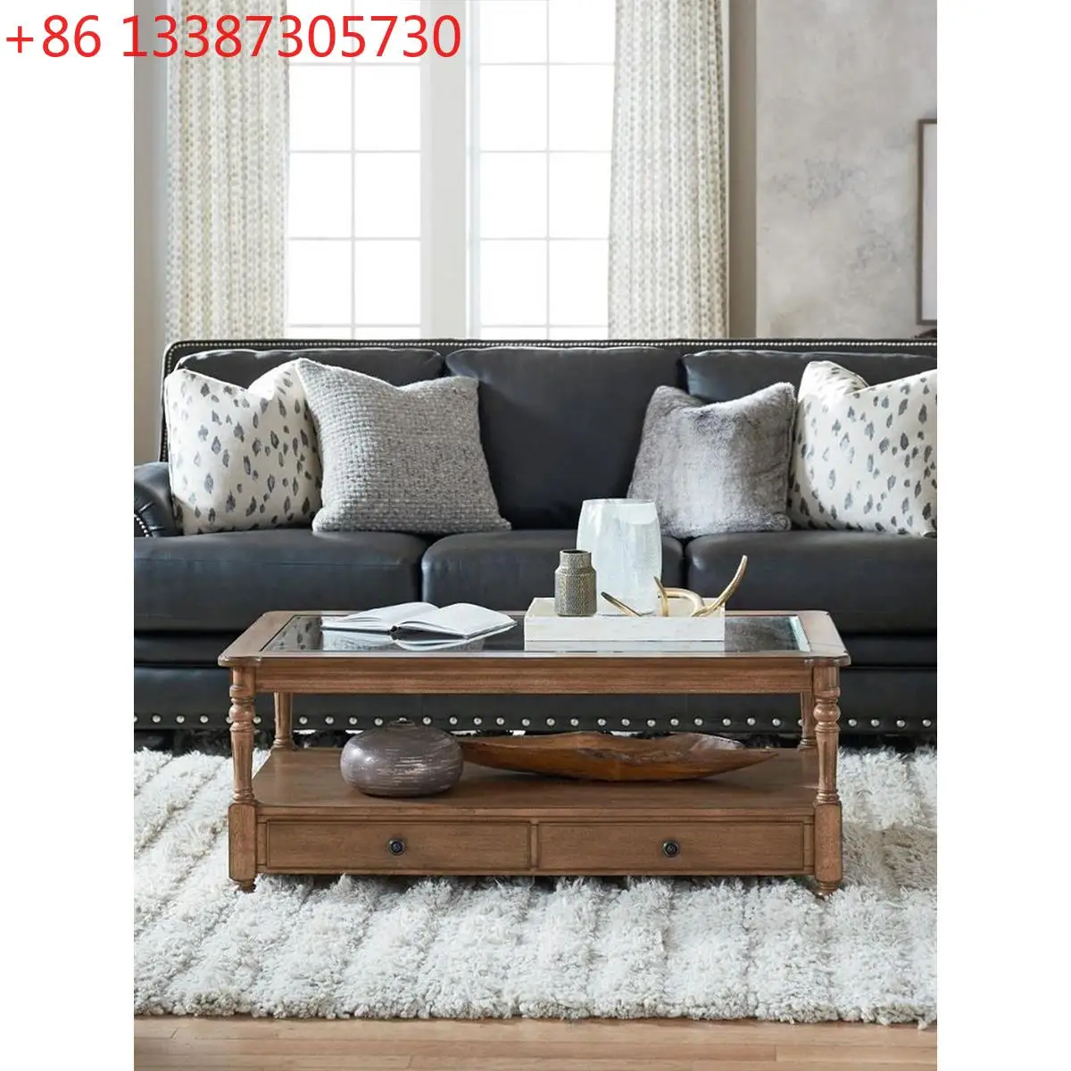 

American retro solid wood square coffee table glass surface coffee table French style