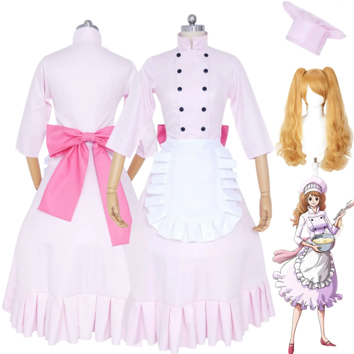 Disfraz de Cosplay de Charlotte Pudding de Anime Three Family, Uniforme de Chef, Vestido de Sirvienta Rosa, Peluca, Disfraz Sexy para Mujer, Halloween, Navidad