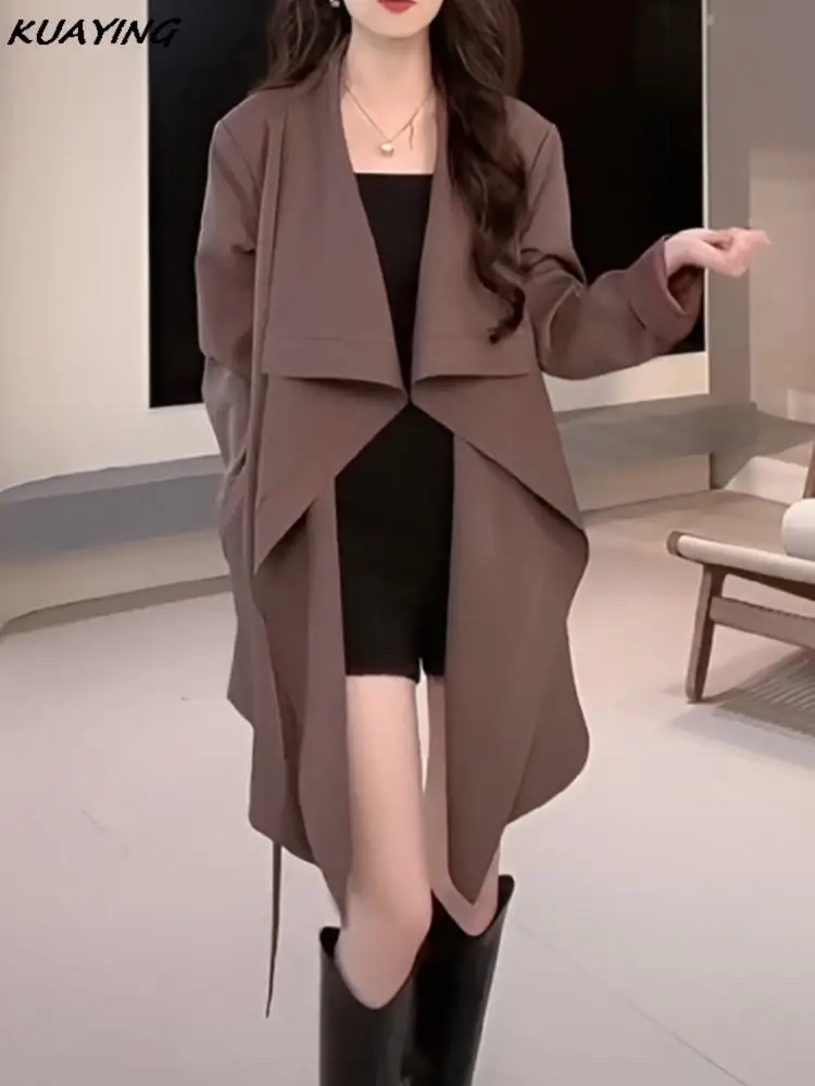 Herfst Vintage Onregelmatige Trenchcoat Mode Lange Mouw Turn-Down Kraag Losse Midi Vetertop Effen Vrijetijdskleding Nieuw