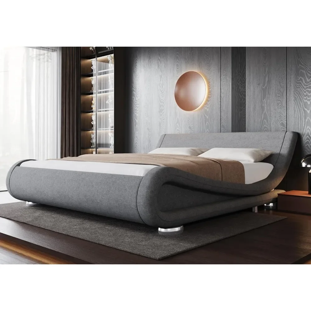 Bed Frame with Ergonomic & Adjustable Headboard, Low Profile Modern Upholstered Platform Sleigh Design - Easy Assembly