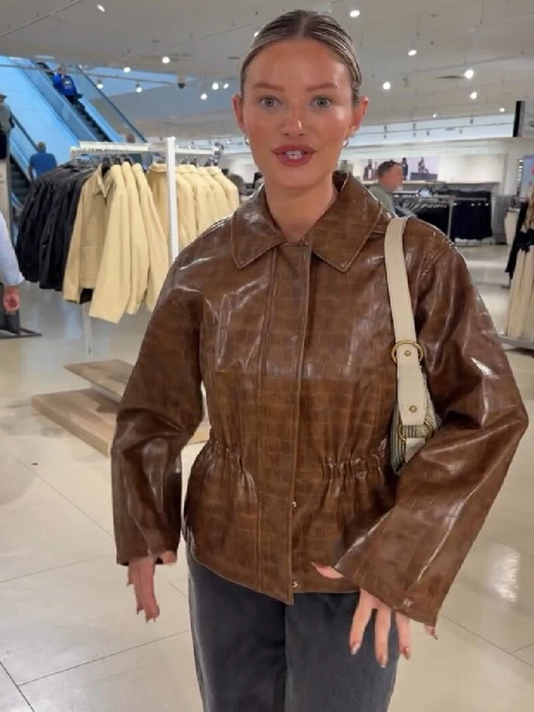 Luxury Embossed Faux Leather Jacket Women Vintage Lapel Snap Button Drawstring Cinched Waist Coat Autumn Winter Street Outerwear