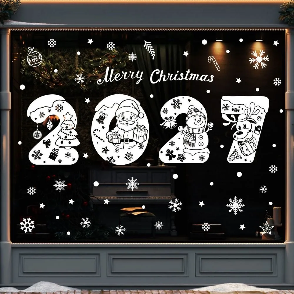 2027 Merry Christmas Static Sticker Cartoon Santa Snowman Multicolor Christmas Window Clings No-Glue Double-Sided Glass Decals