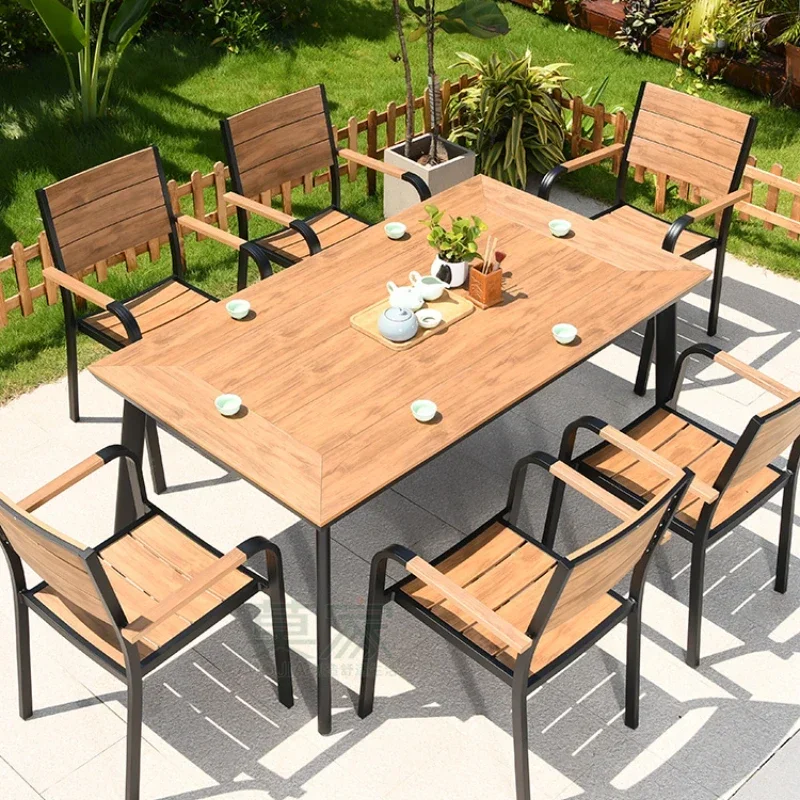 

Garden Table and Chair Outdoor Garden Open Air Terrace Teak Color Plastic Wood Back Chair Balcony Table and Chair Combination