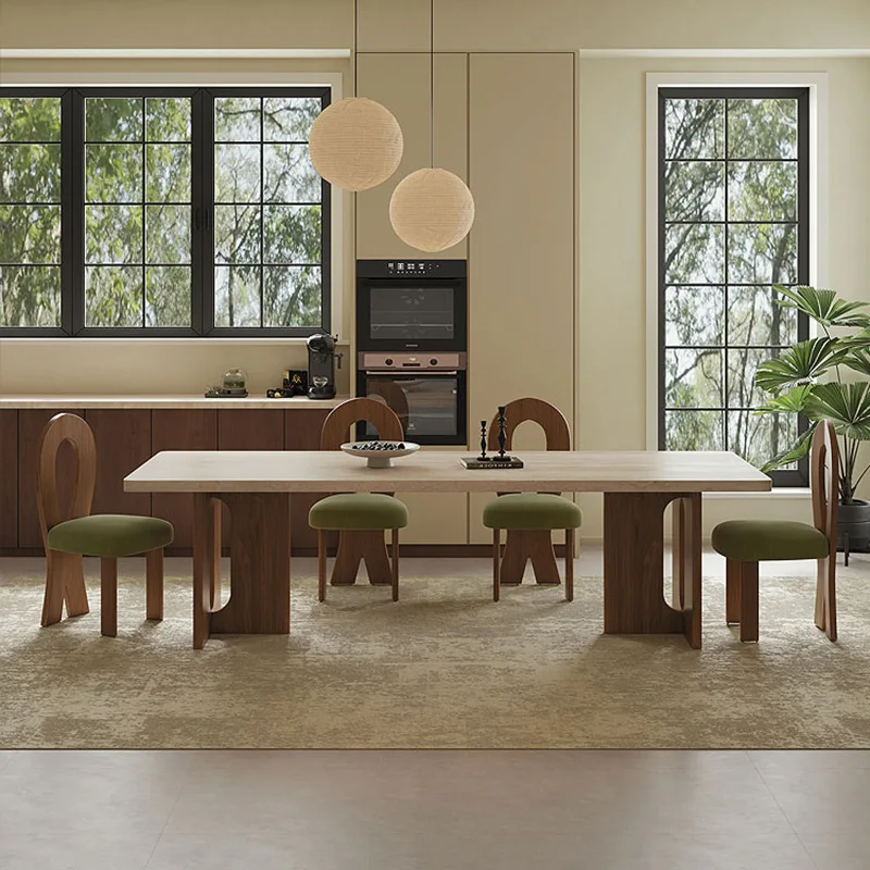 French retro bottom hanging travertine rock slab dining table, antique designer original household minimalist rock slab solid wo