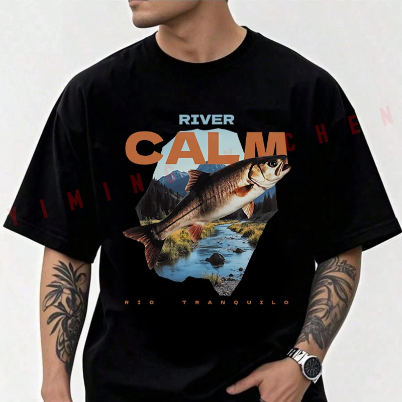 

Men's Moto Cotton T-Shirt Mountains And A Fish Jumping Tshirt Adventure Casual O-Neck Top Tee
