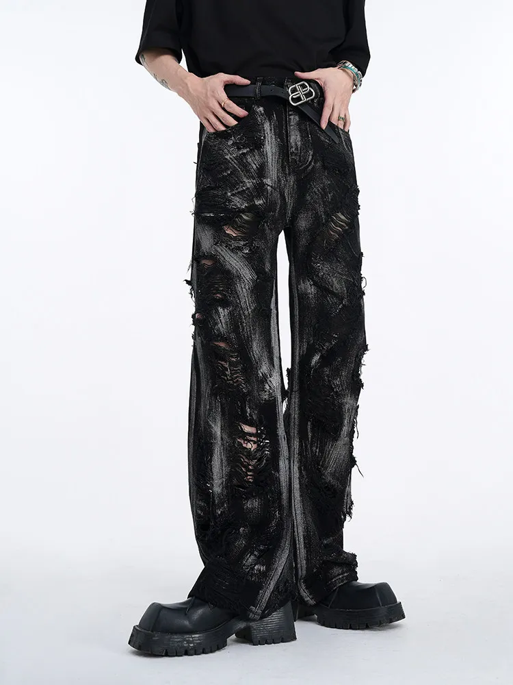 

Black Destroyed American High Street Style Heavy Wash Graffiti Men's Straight Leg Long Pants Casual Wear Durable Cotton Blend