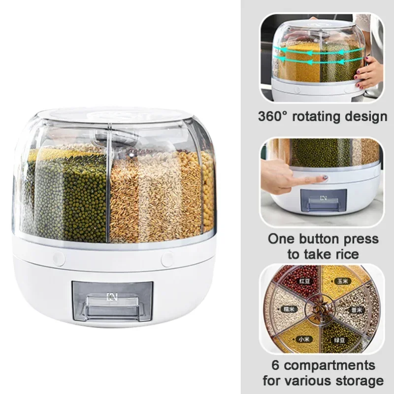 

360 Moisture-proof Sealed Bucket Degree Kitchen Food Rotatable Container Dispenser Storage Dry Grain Rice Box