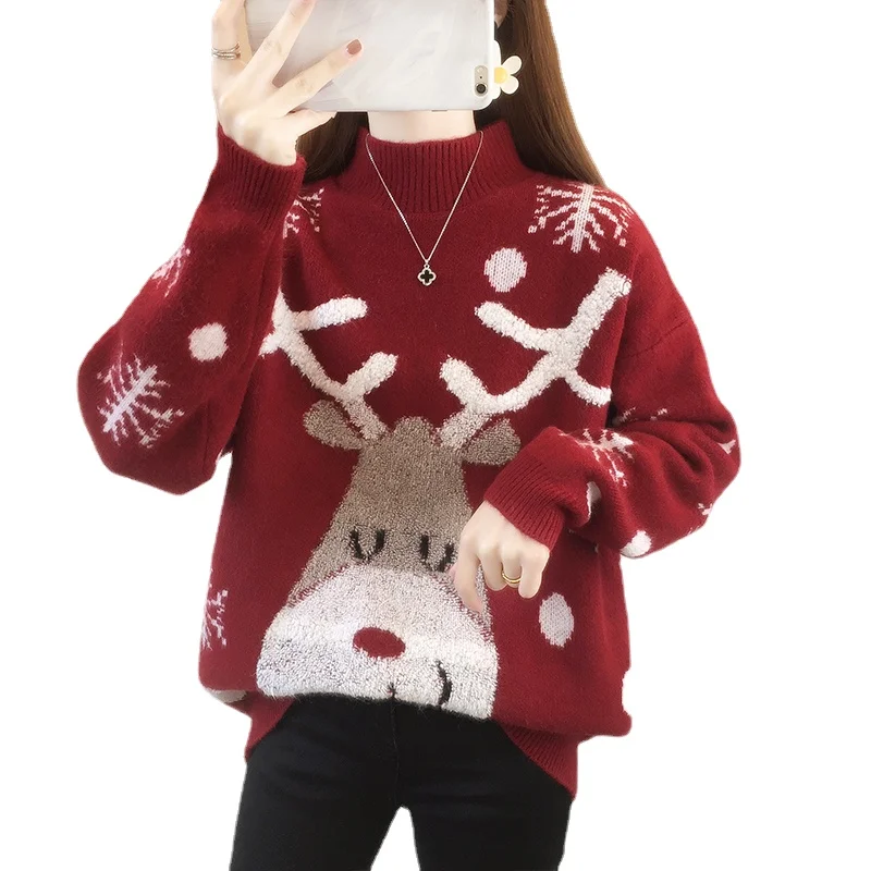 Red Sweater for Women Christmas Sika Deer Pullover Loose Sweater High Collar Casual Girl Embroidery Kawaii Small Fur Fashion