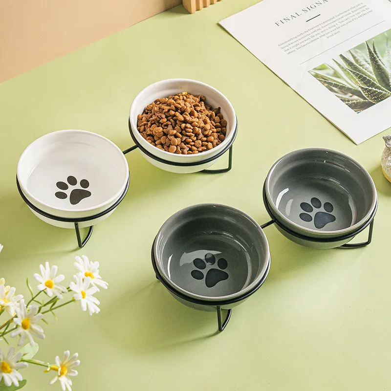 Cute Paw Print Cat Bowl Cartoon Pet Ceramic Bowl Iron Frame Double Bowl Dog Cat Universal High Quality Non-slip Bowl Pet Feeder