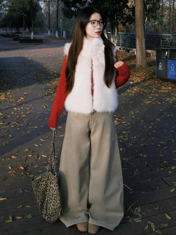 กางเกงยีนส์ทรงตรงขากว้างสไตล์อเมริกันเรโทรสีกากี  บุซับใน  ทรงหลวม  สำหรับผู้หญิง  ใส่ได้ทั้งฤดูใบไม้ร่วงและฤดูหนาว