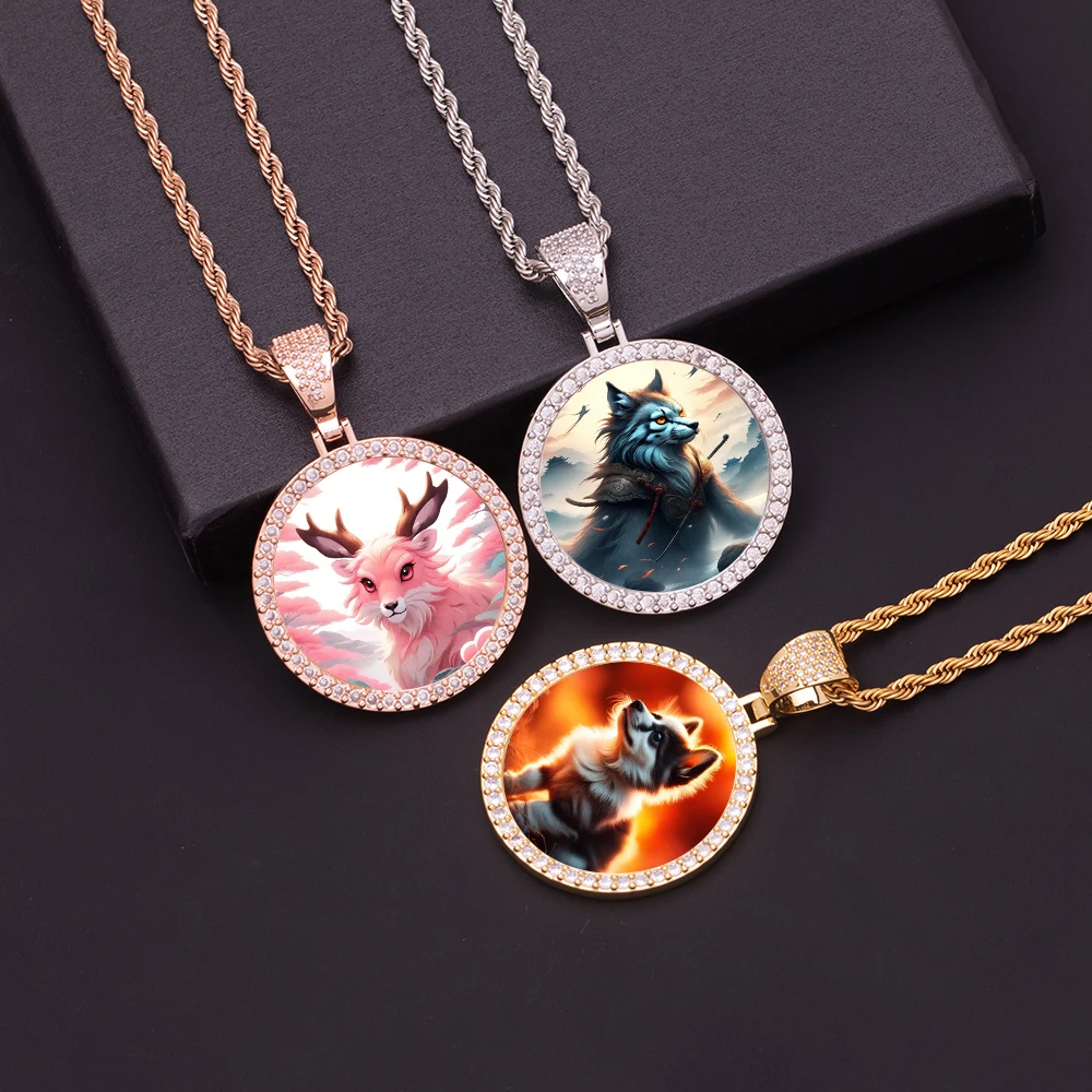 

35mm Hip Hop Iced Out DIY Photo Frame Pendant Brass Gold Plated Custom Picture Necklace Sublimation Rapper Charms Memory Jewelry