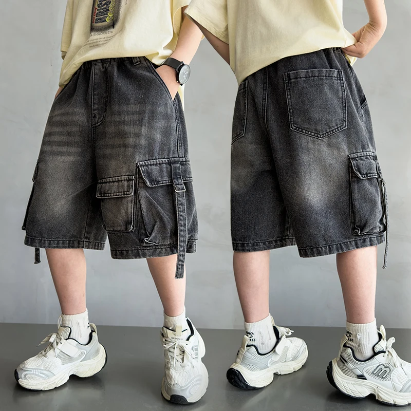 

2026 Summer New Kids Designer Black Denim Cargo Shorts Tweens Boy Casual Straight Jeans Shorts For Child Age 5 6 8 10 12 14 Yrs