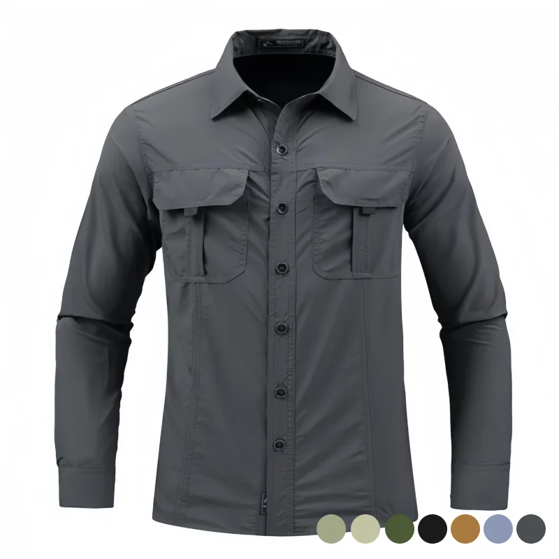 Outdoor Men's Long-Sleeved Quick-Drying Shirt, Water-Repellent, Breathable, Sweat-Wicking, Tactical Work Shirt, Multi-Pocket Work Clothes