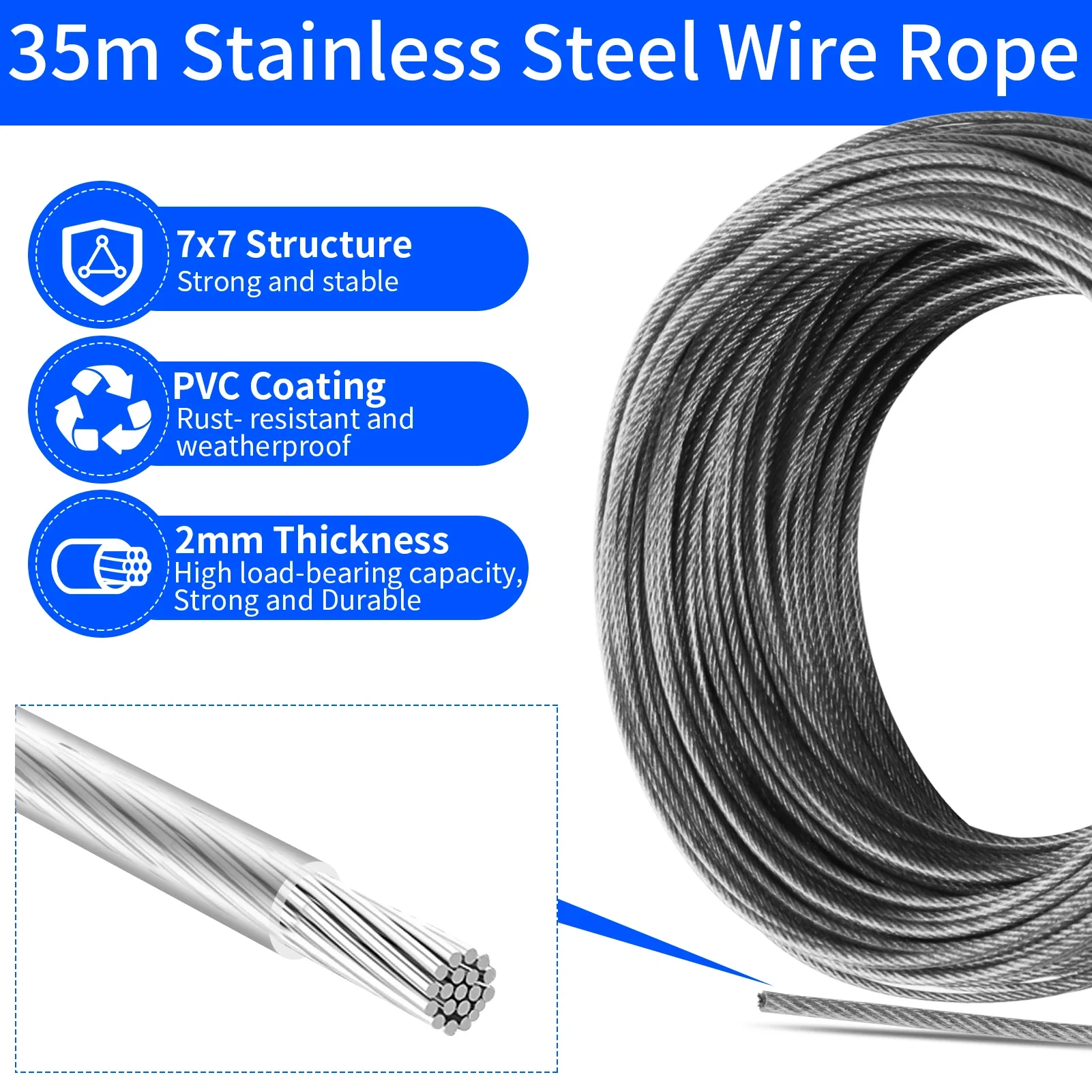 Sun Shade Sail Hardware Kit with 35M Cable Wire Rope Stainless Steel for Outdoor Backyard Patio Garden Shelter Camping Tent
