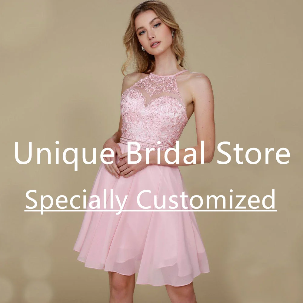 Customized Chiffon Mini Cocktail Dress Crew-Neck Lace Crystal Sleeveless Backless Spaghetti Strap Back Zipper Classic Homecoming