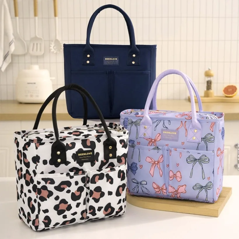 Waterproof Insulated Lunch Box Bag Multi-pocket Tote Bag Fashion Leopard/Bow Print Food Storage Bag for Work School
