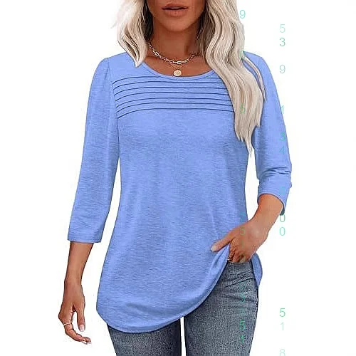 

2025 Spring Summer Women Pure Color Crew Neck Long Sleeve Striped Tee Tops Blouse