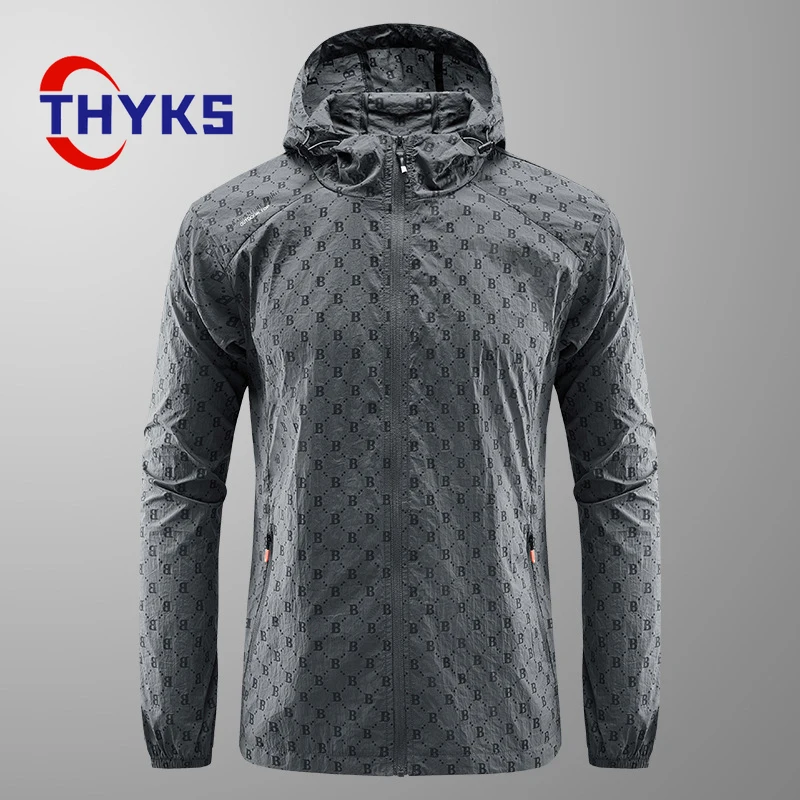 남성용 야외 하이킹 재킷, 후드 스탠딩 칼라, 루즈 프린트 자외선 차단, 통기성 재킷, 다목적 방풍 스포츠 코트