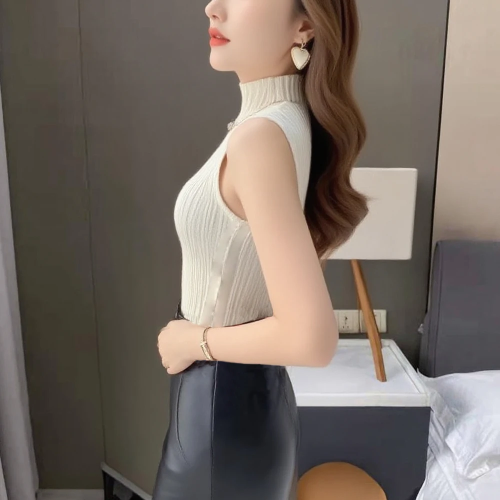

Woman Knit Tank Sleeveless T Shirt Blouses S-XL Women High Neck Knitted Blouse Medium Strecth Ladies Clothes Womens Sweater Tops