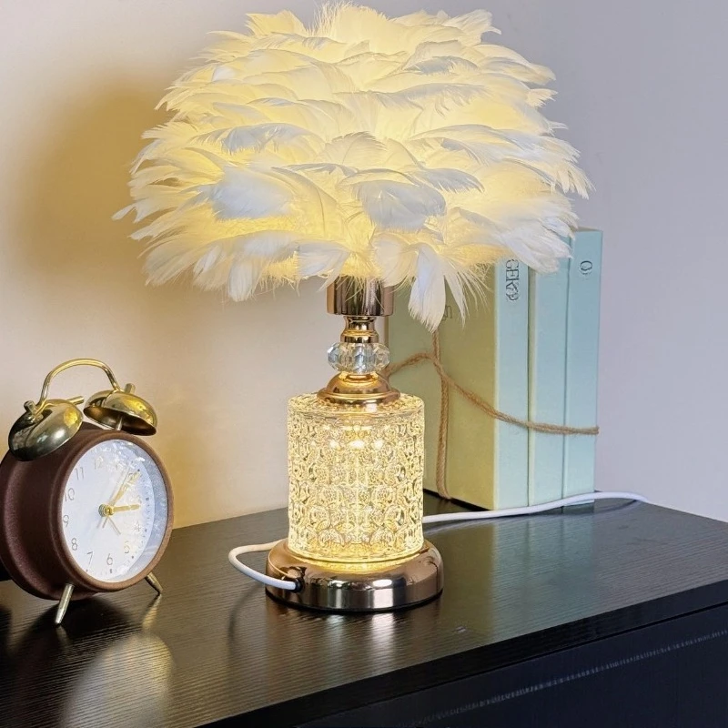 Crystal bedside table lamp, bedroom atmosphere lamp, living room light luxury feather lamp