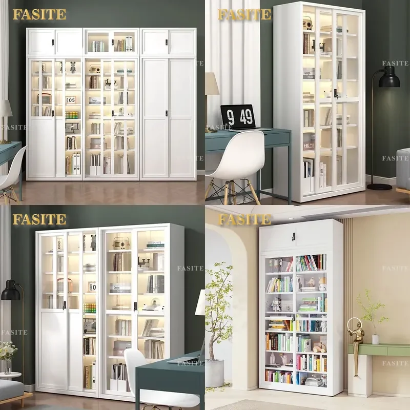 For Living Room Steel Bookcase with Sliding Glass Door and Lock Wrought Iron Floor Cabinet Top Locker Bookshelf Storage