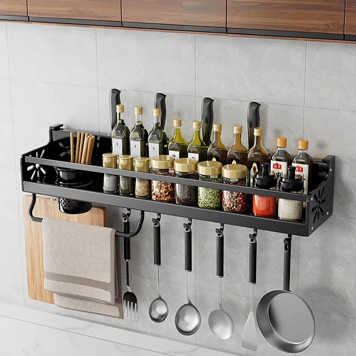 

Metal Kitchen Shelf No-Punch Large Capacity Storage Kitchen Utensils Skeletonized Drainage Design Easy to Clean Black