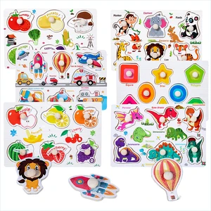 ﻿Montessori Wooden Hand Grab Boards Baby Educational Cartoon Vehicle Animals Fruits 3D Puzzles Kids Early Education Toys TMZ﻿