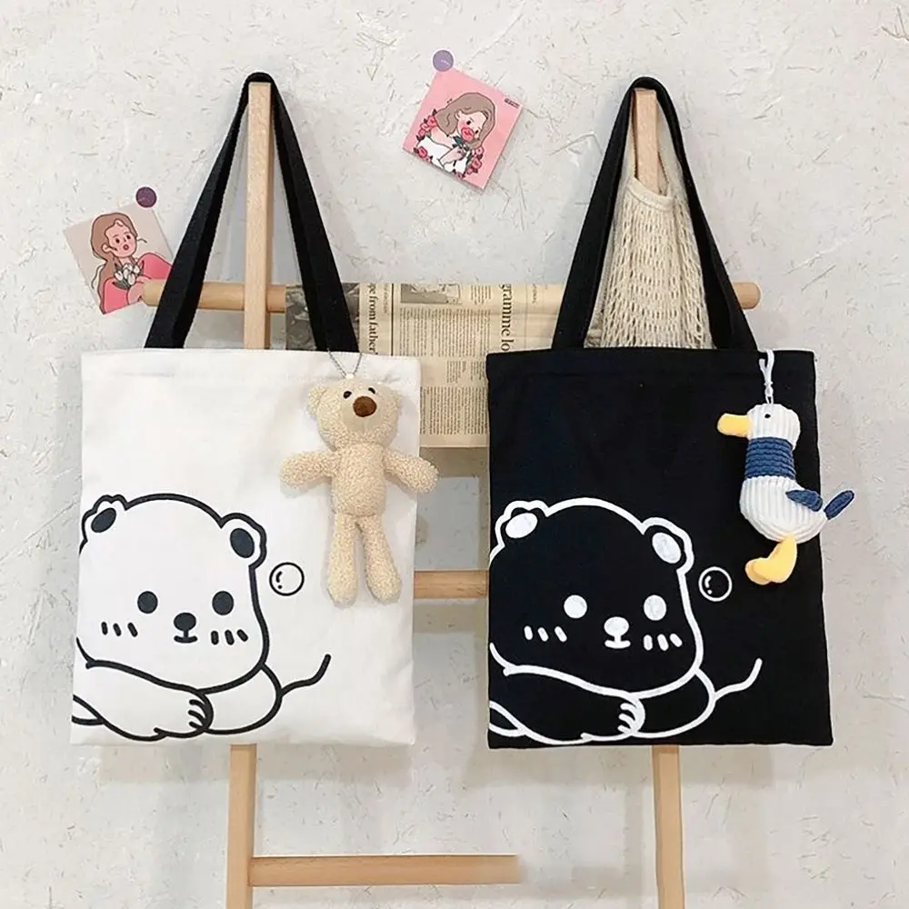 Canvas Bucket Handbags 2024 Korean Style Large Capacity Shopping Bag Bear Printed Tote Bag Commuting