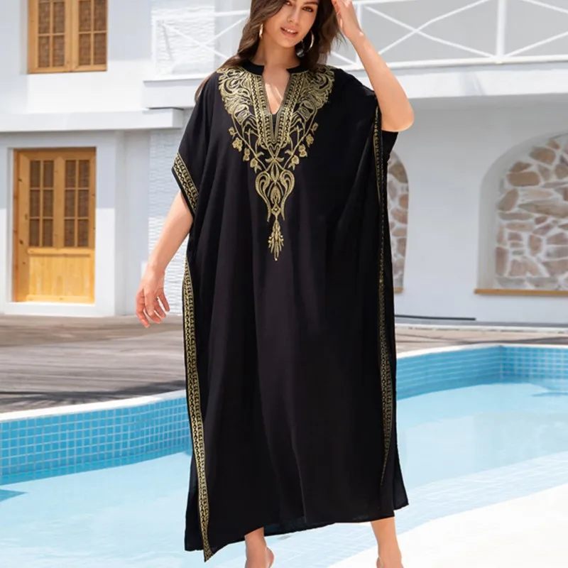 Abito Boho Moda donna Cotone ricamato Spiaggia Protezione solare Abiti per donna Abito ampio Bikini Costume da bagno Camicetta esterna