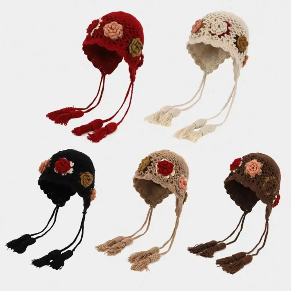 

Cute Tassels Crochet Knitted Hat Bohemian Style Hollow Out Tassel Beanies Handmade Korean Knit Cap Apparel Accessories