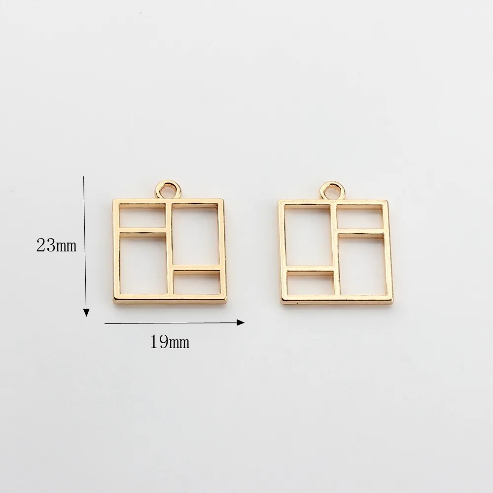 Colgante cuadrado de aleación de Zinc, accesorios de joyería dorados huecos, collar de pendientes cuadrados, 10 piezas