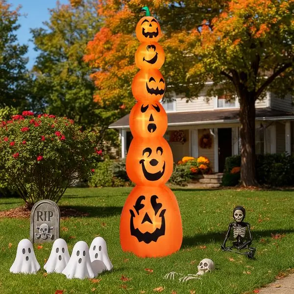 Decoração de abóbora empilhada inflável de Halloween de 9 pés com luzes LED - Decoração externa gigante Jack-o-Lantern, à prova d'água e fácil Setu