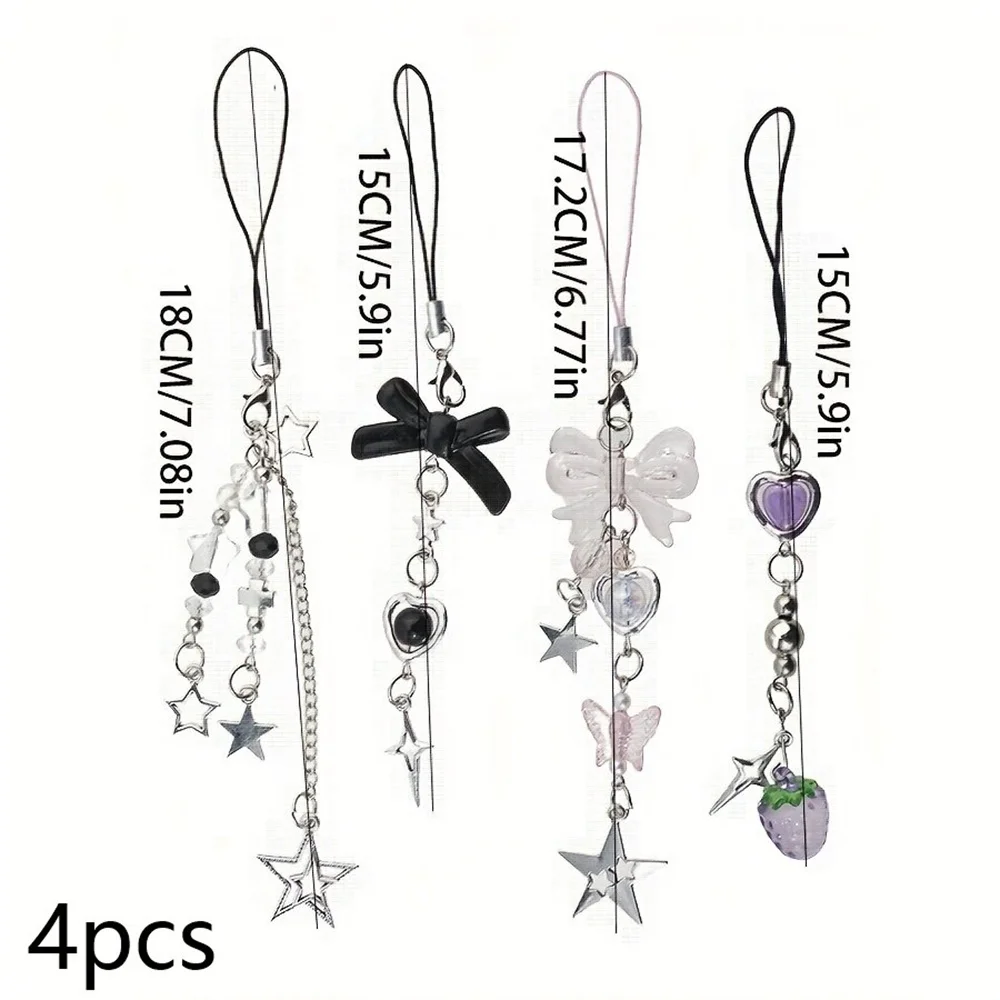 4pcs/set Mixed Cute Star Bowknot Mobile Phones Chain Phone Strap Holders Lanyard For Phone Accessories Anti-Lost Chain Jewelry