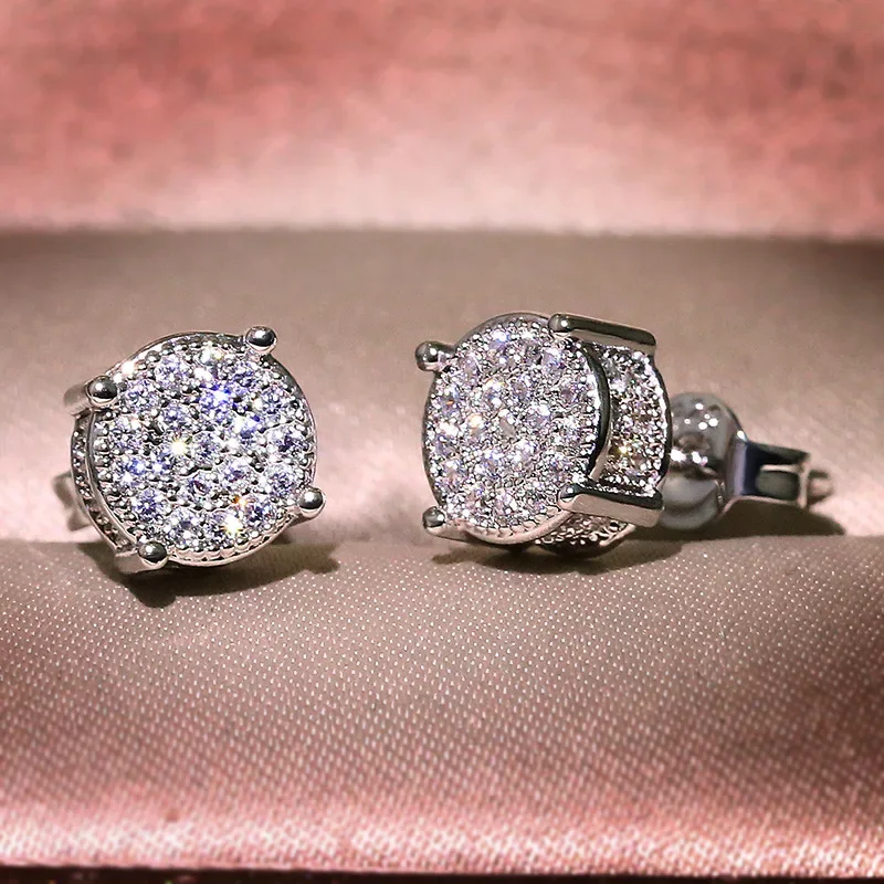 New Luxury Bling Diamond Earrings 925 Sterling Silver &Gold Round Stud Earrings for Man Women Hip Hop Fashion Jewelry