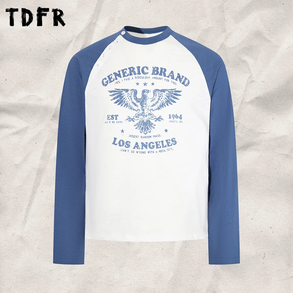 Eagle Print Raglan Sleeve T-shirt Mens Autumn Retro Casual Spliced Long Sleeve Cotton Tee Man
