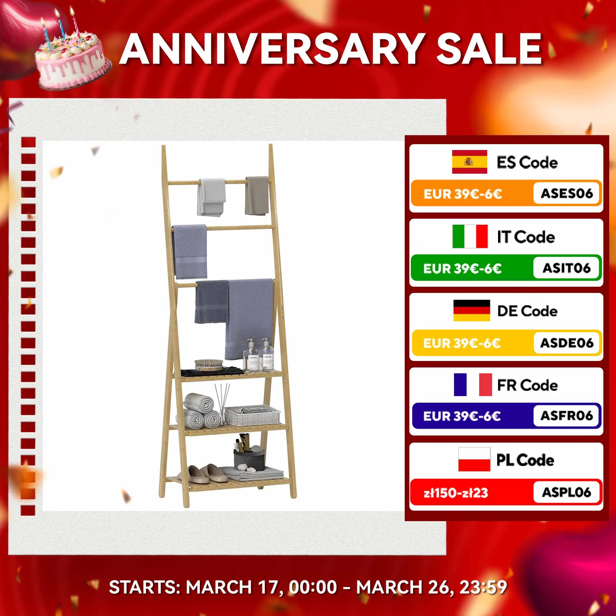 Mensola da bagno in bambù HOMCOM con 3 ripiani 53,5x30x53 cm Natural bar