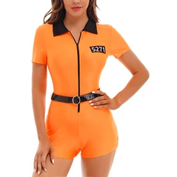Womens Prisoner Role Play Sexy Convict Jail Cosplay Halloween Party Costumes Fancy Dress Up Sexy Jumpsuit with Belt Outfits