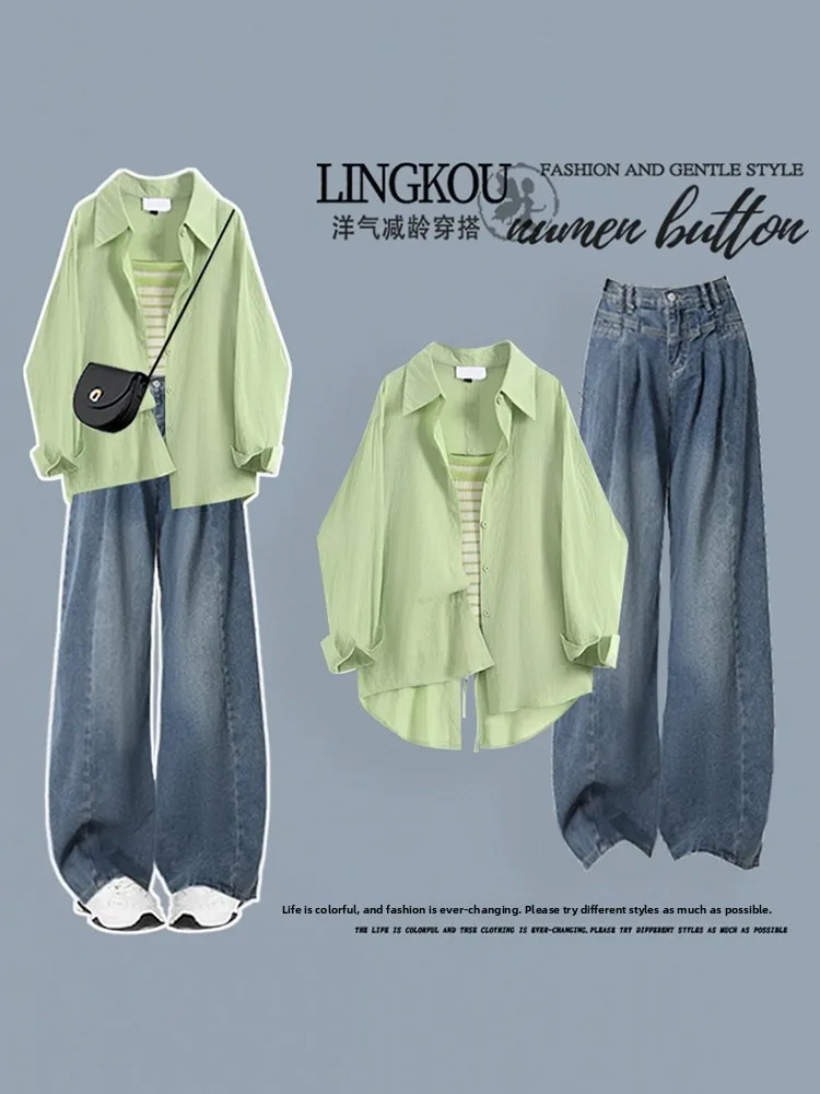 Summer Korean Style plus Size Set Women's Shirt Stripe Strap High Waist Slimming Jeans Three Piece Set Fashion Casual Wear view 4