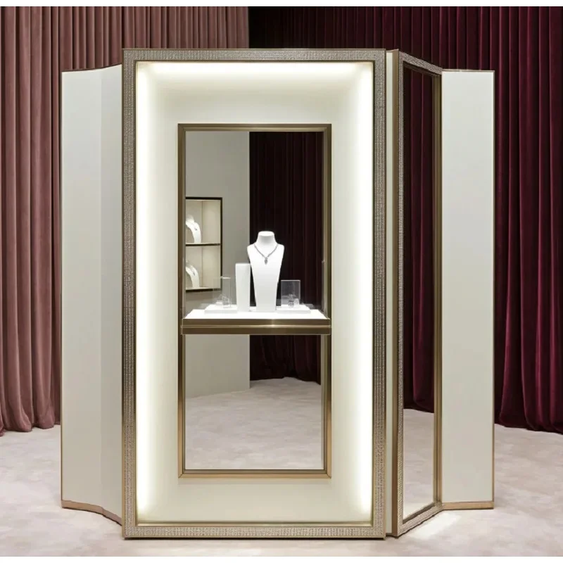 custom.Luxury White Tall Jewelry Display Cabinet Custom Acrylic Wood Showcase LED Lighting High-End Jewelry Watch Boutique