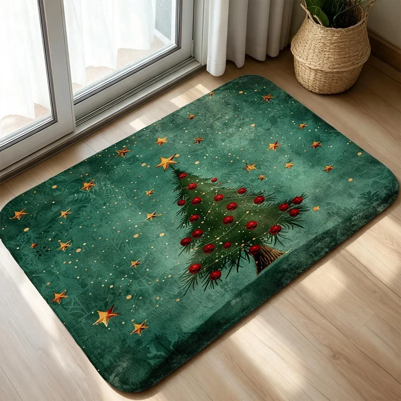 Retro Christmas Tree Golden Star Doormat Green Background Berry Pattern Print Floor Rug Merry Christmas Holiday Entryway Carpet
