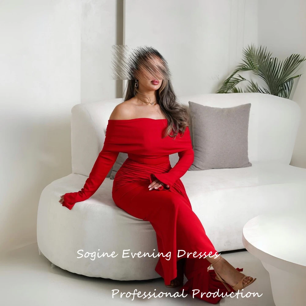 Crepe personalizado vermelho fora do ombro plissado vestidos de noite 3/4 manga فسات intelliات para mulheres sexy vestido de cocktail
