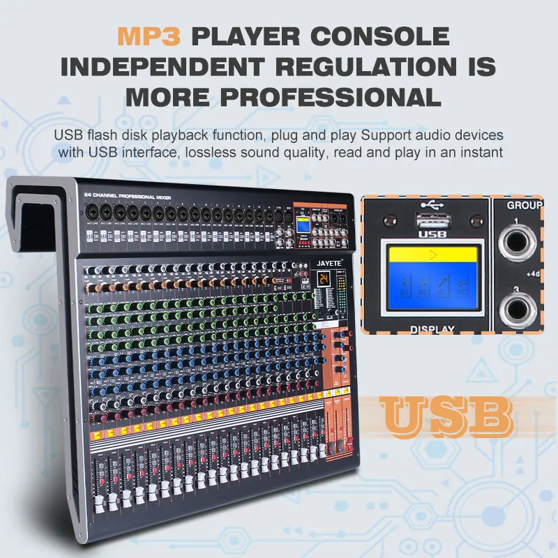 Pro Audio Interface Mixer Sound Equipment Speaker 24 Channel USB Live Stage Studio Audio Mixer Mixing DJ Console Stereo BT
