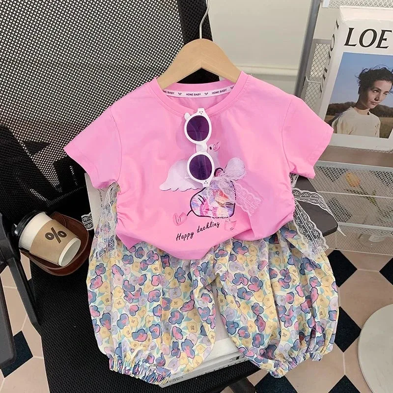 2026 Girls' Summer New Lace Print T-shirt + Lace Anti Mosquito Pants Set Korean Version Foreign Style Two-piece Set Trendy